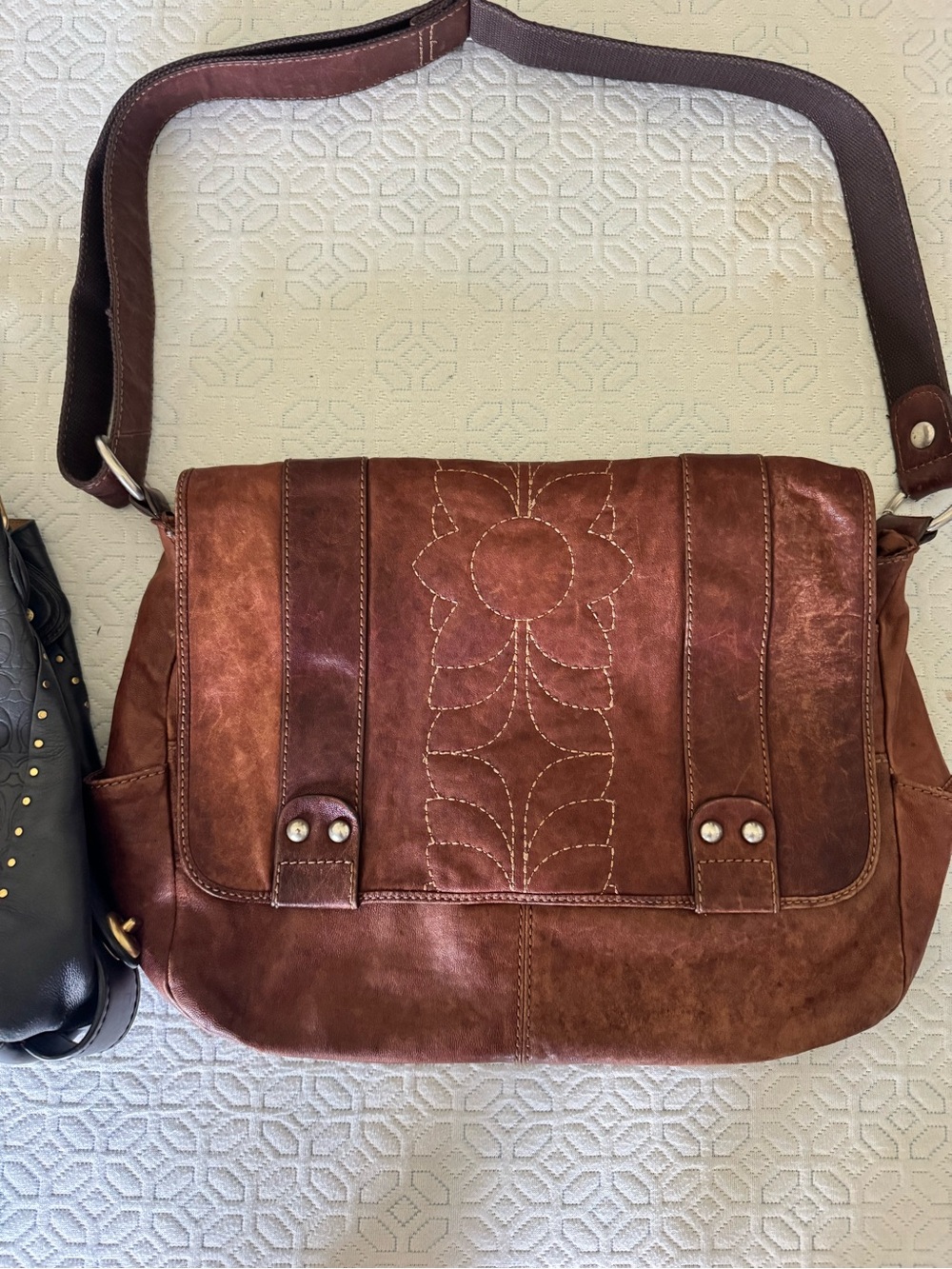Fossil Brown Leather Laptop Messenger with Floral Stitching